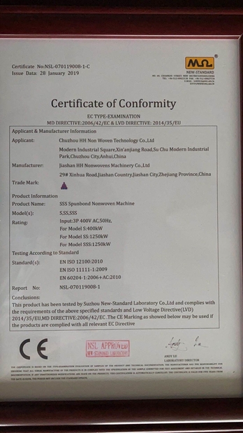 Porcellana Chuzhou Huihuang Nonwoven Technology Co., Ltd. Certificazioni